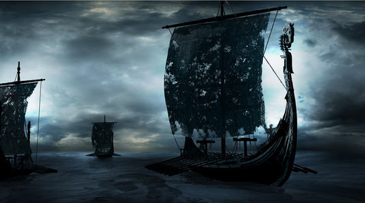 Night scene with vikings ships at sea