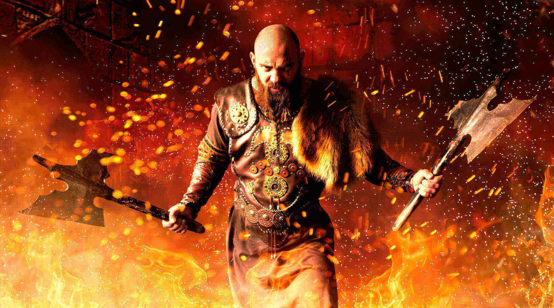 A Viking warrior holding two axes in his hands