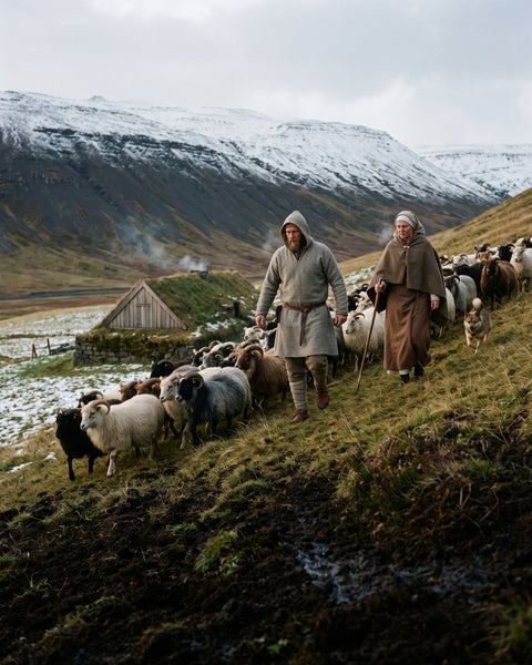 A man and a woman in wool clothes driving sheep down a hillside past a turf-roofed farmhouse, first snow on the mountains behind (modern illustration)