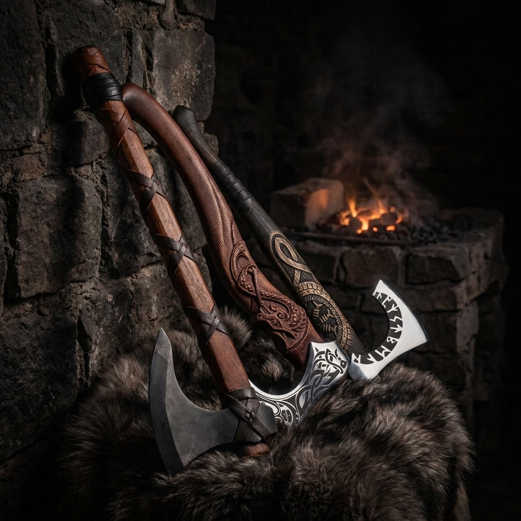 Three hand-forged Viking axes — Skeggøx, Fenrir and Othala — leaning by the stone forge