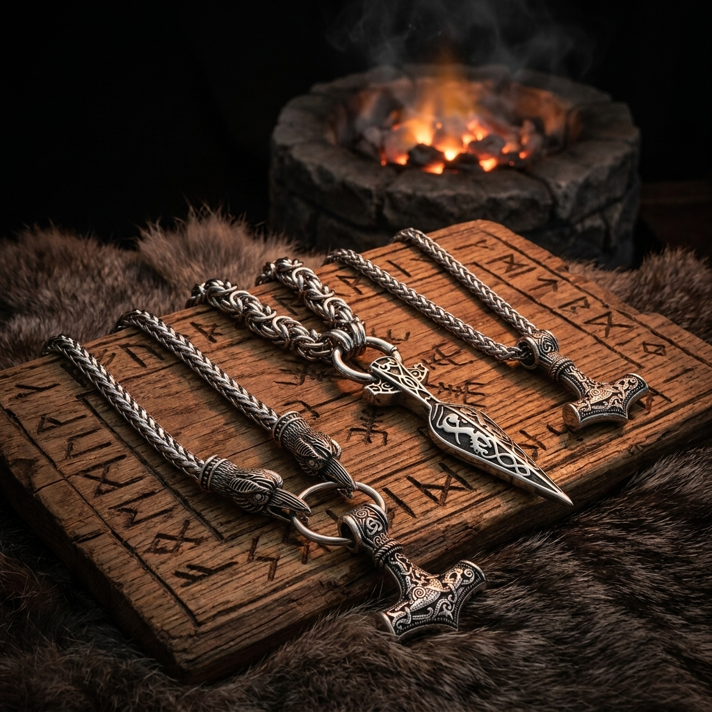 Three Viking necklaces — raven king's chain, Gungnir spear and Mjolnir pendant — on runic oak