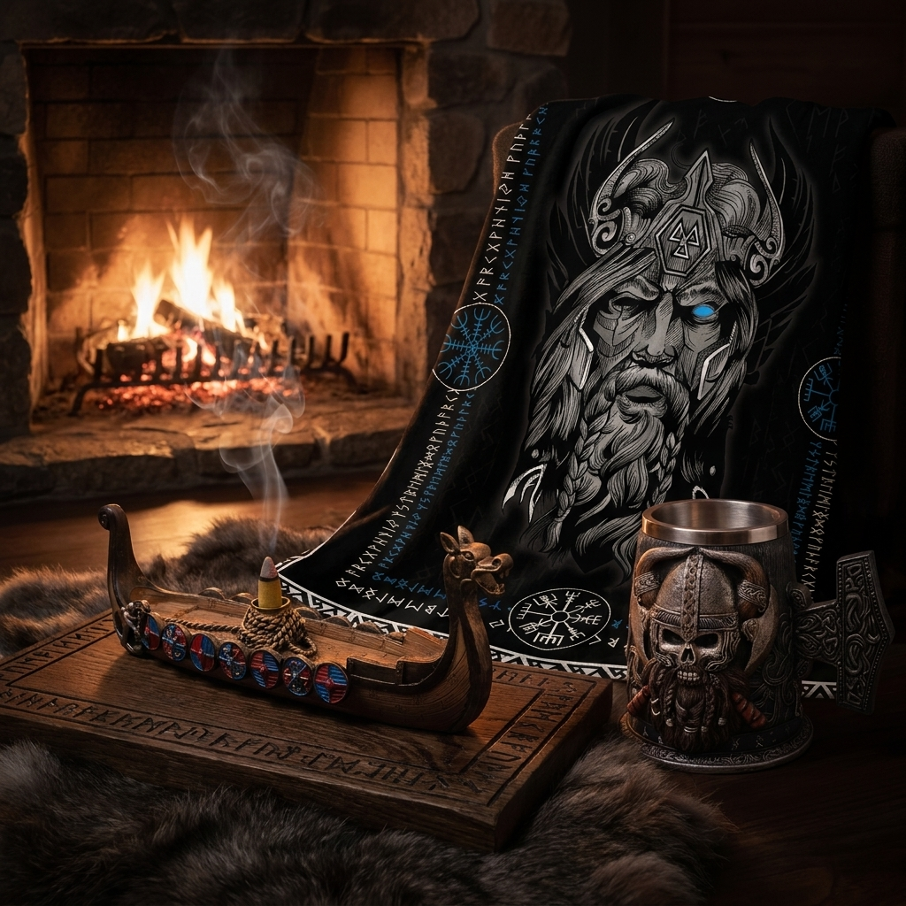 Viking home decor by the hearth — Drakkar incense ship, Odin fleece blanket and Viking tankard