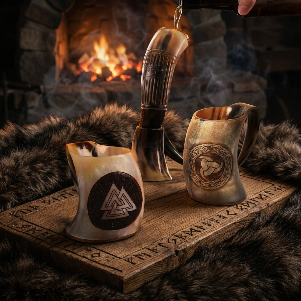 Three Viking drinking horns and horn mugs with Valknut and Triple Horn of Odin carvings by the fire