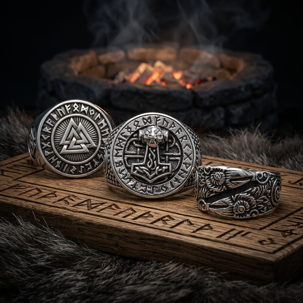 Three 925 sterling silver Viking rings — Valknut, Mjolnir and Huginn & Muninn — on runic oak