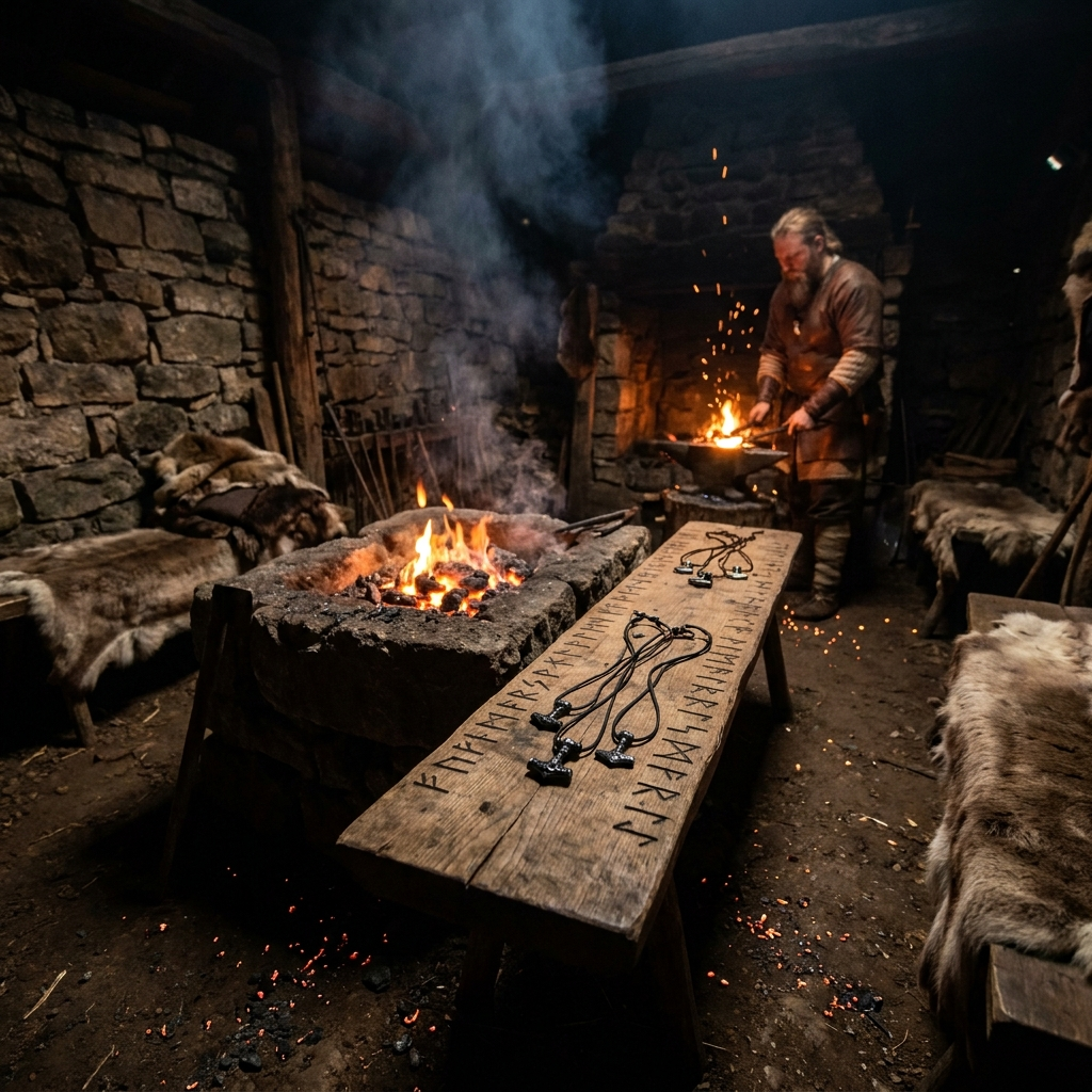 Silver Thor's Hammer Mjolnir pendants on a rune-carved board by a Viking forge fire
