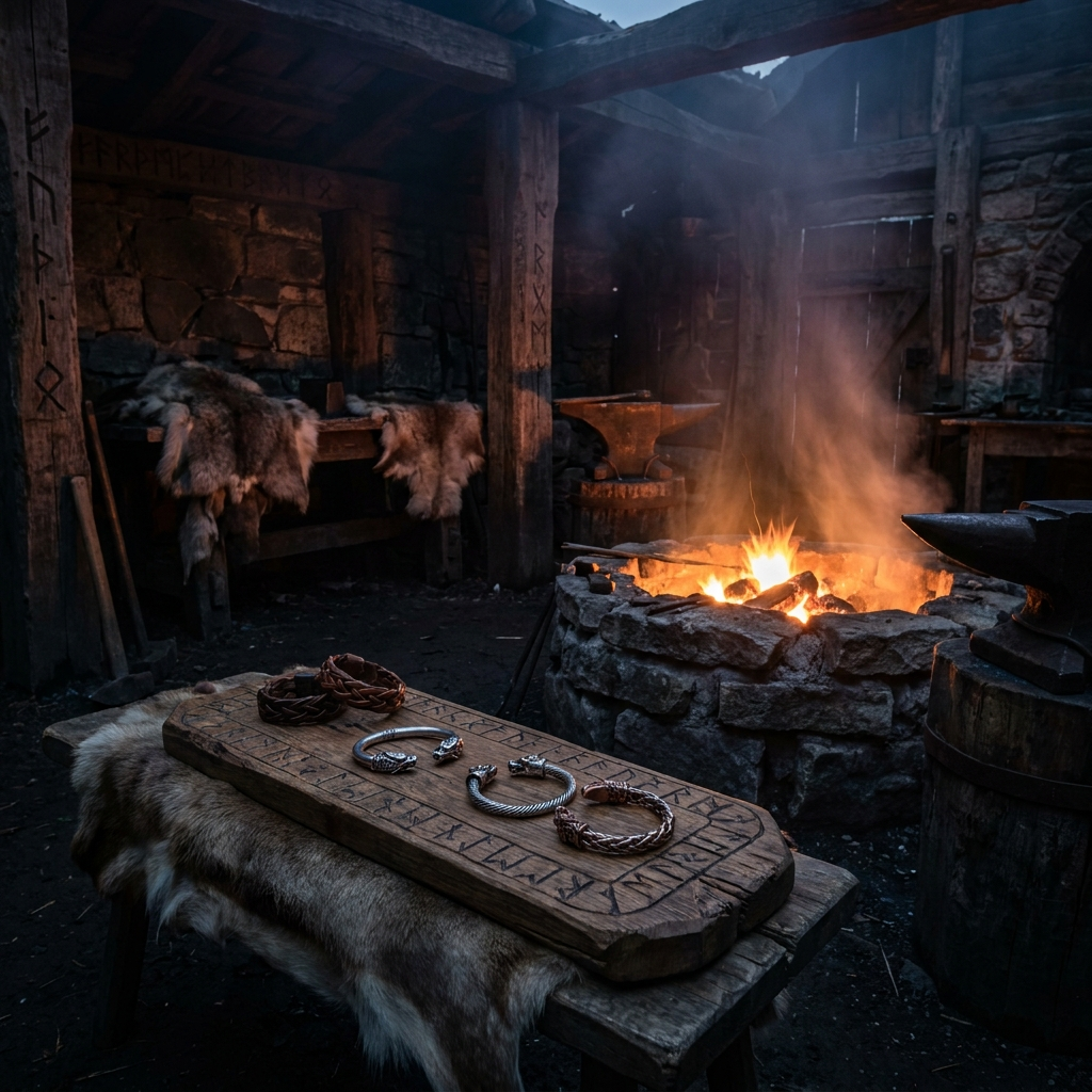 Viking arm-rings and braided leather bracelets on a rune-carved board by a forge fire