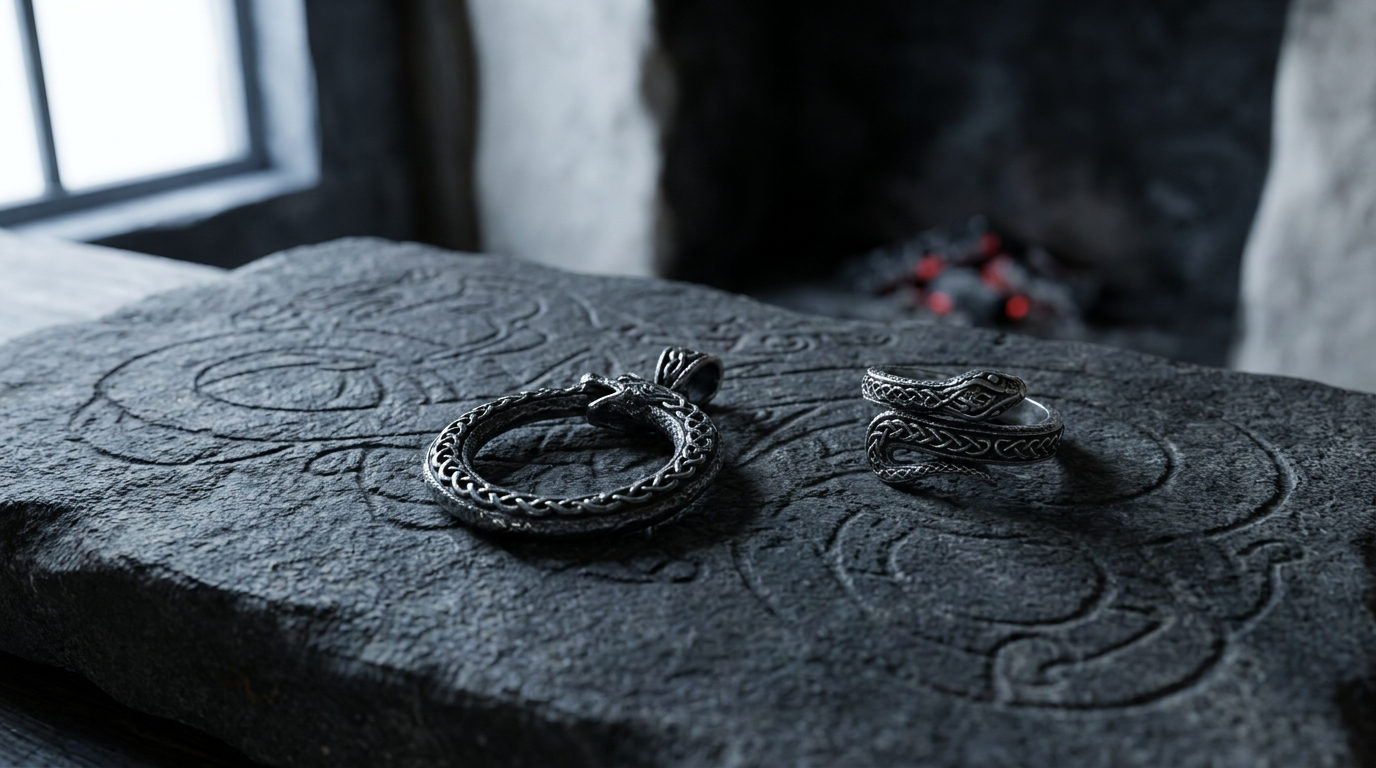 Sterling silver ouroboros pendant and coiled serpent ring on a stone slab carved with Urnes-style serpent patterns