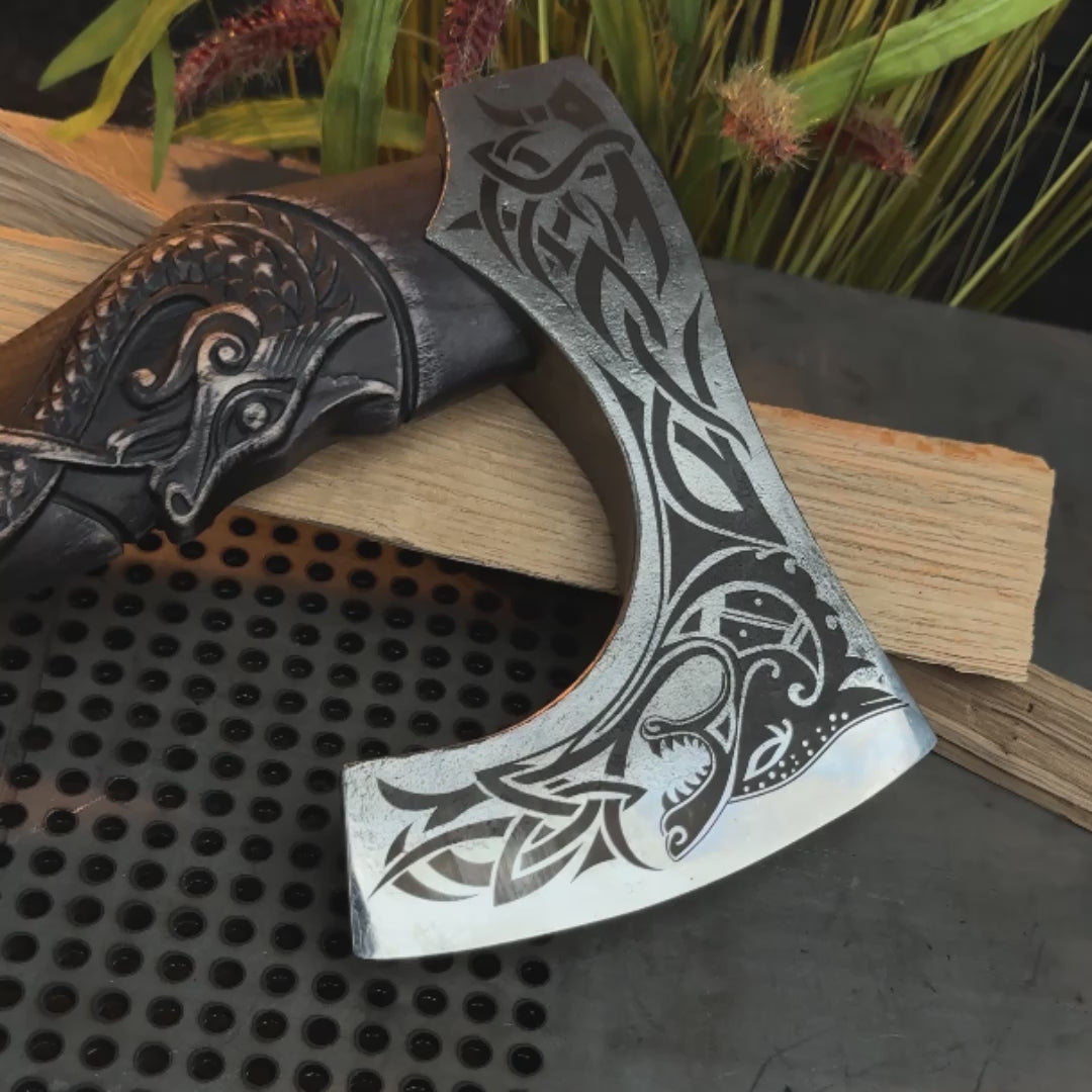 Hand-Forged Hardened Bearded Viking Axe “Fenrisulfr” with Carved Handle