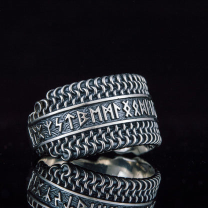 sterling silver chainmail ring with runes