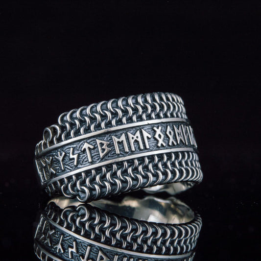 sterling silver chainmail ring with runes