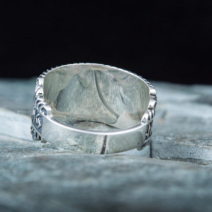 sterling silver chainmail ring with runes – view 2