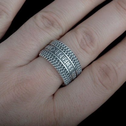 sterling silver chainmail ring with runes – view 3