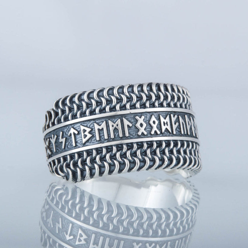 sterling silver chainmail ring with runes – view 4
