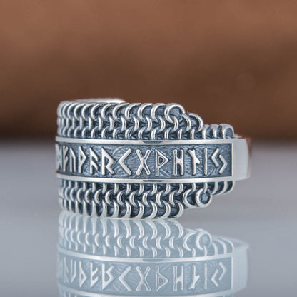 sterling silver chainmail ring with runes – view 5
