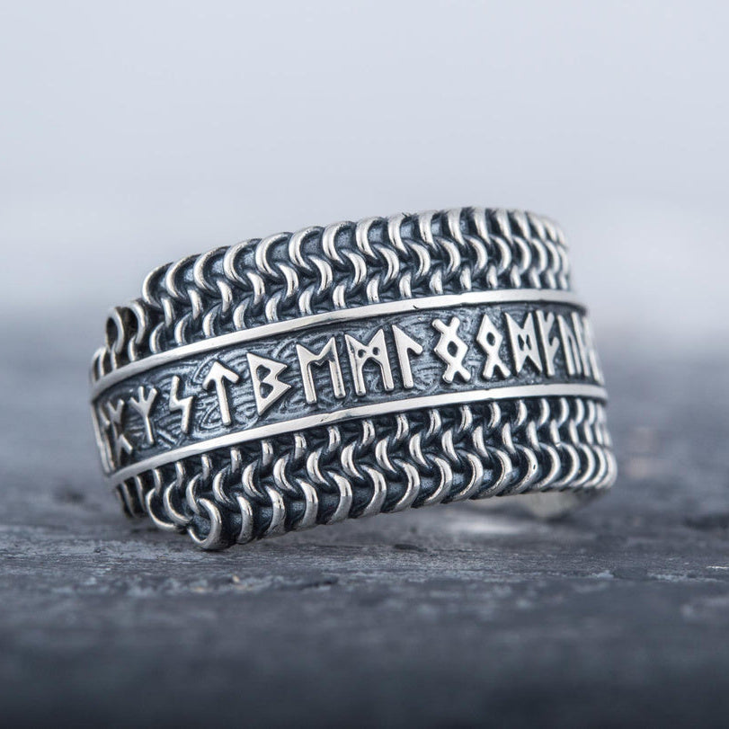 sterling silver chainmail ring with runes – view 6