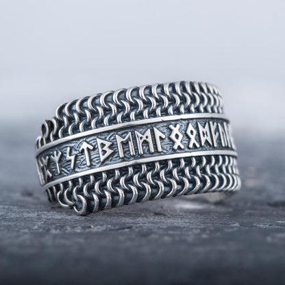 sterling silver chainmail ring with runes – view 6