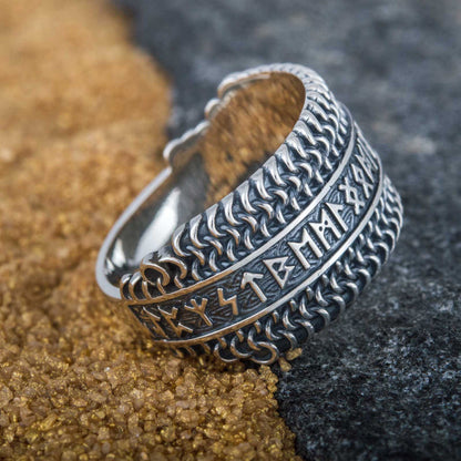 sterling silver chainmail ring with runes – view 7