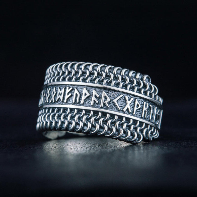 sterling silver chainmail ring with runes – view 8