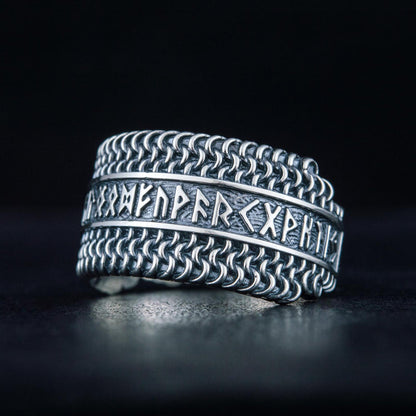 sterling silver chainmail ring with runes – view 8