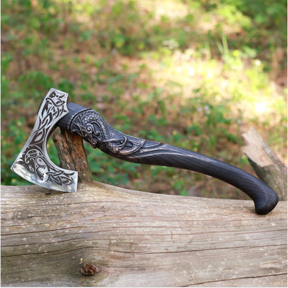 Hand-Forged Hardened Bearded Viking Axe “Fenrisulfr” with Carved Handle