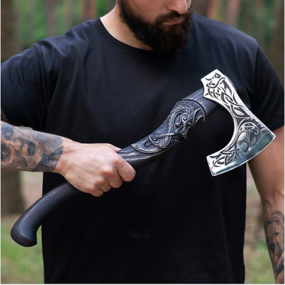 Hand-Forged Hardened Bearded Viking Axe “Fenrisulfr” with Carved Handle