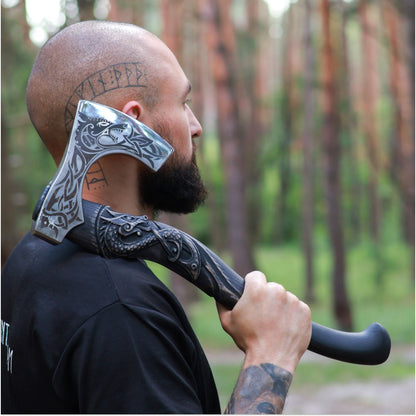 Hand-Forged Hardened Bearded Viking Axe “Fenrisulfr” with Carved Handle