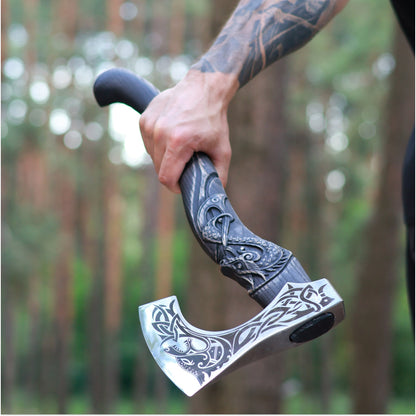 Hand-Forged Hardened Bearded Viking Axe “Fenrisulfr” with Carved Handle