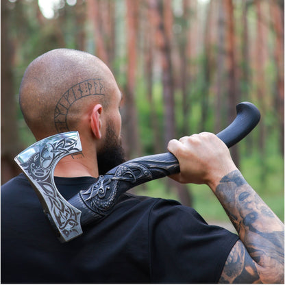 Hand-Forged Hardened Bearded Viking Axe “Fenrisulfr” with Carved Handle