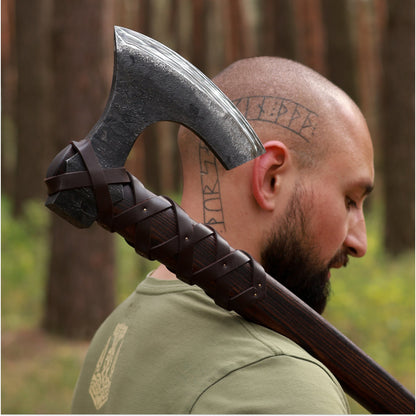 🪓 Viking Long Axe “Ragnar Lodbrok” with Carved Handle and Leather Wrap | VikingsBrand