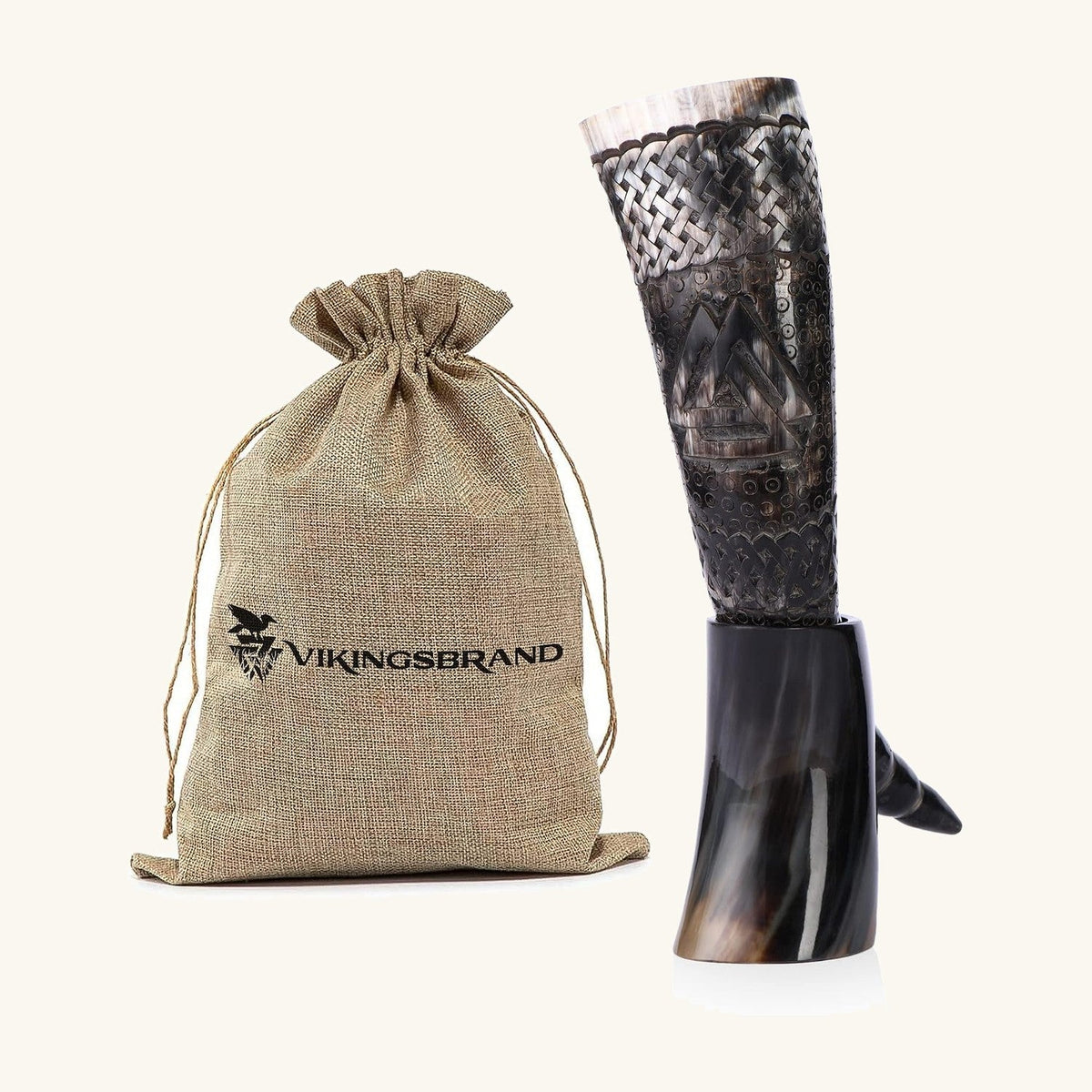 Big Valknut Viking drinking horn with stand and burlap gift bag