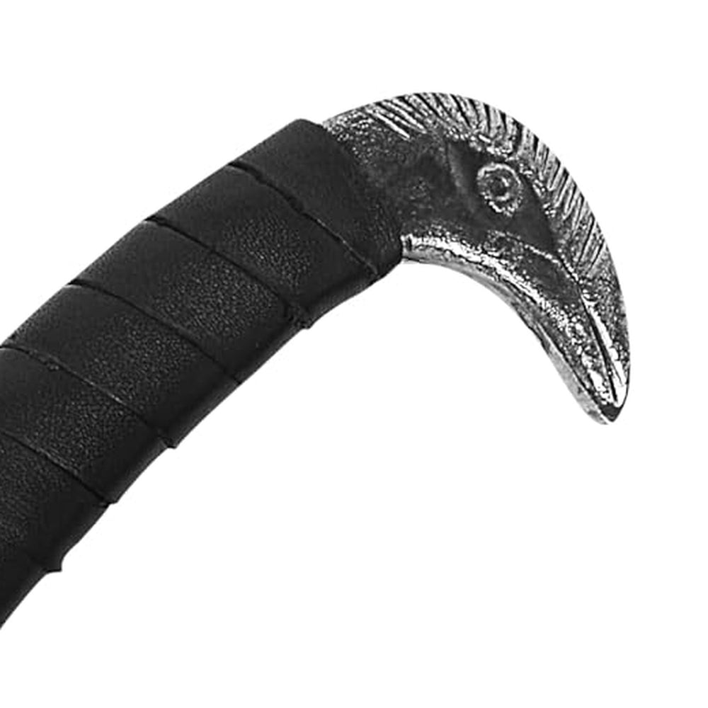 Close-up of the cast raven's-head pommel and black leather-wrapped grip on the Broken-Back Viking seax knife