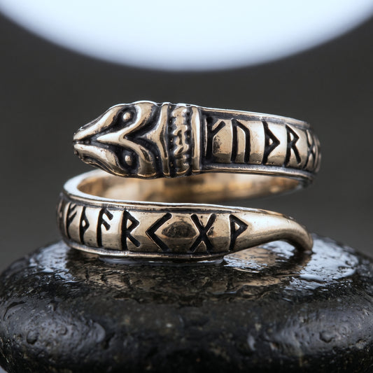 Handmade bronze serpent ring coiled in an open spiral with Elder Futhark runes