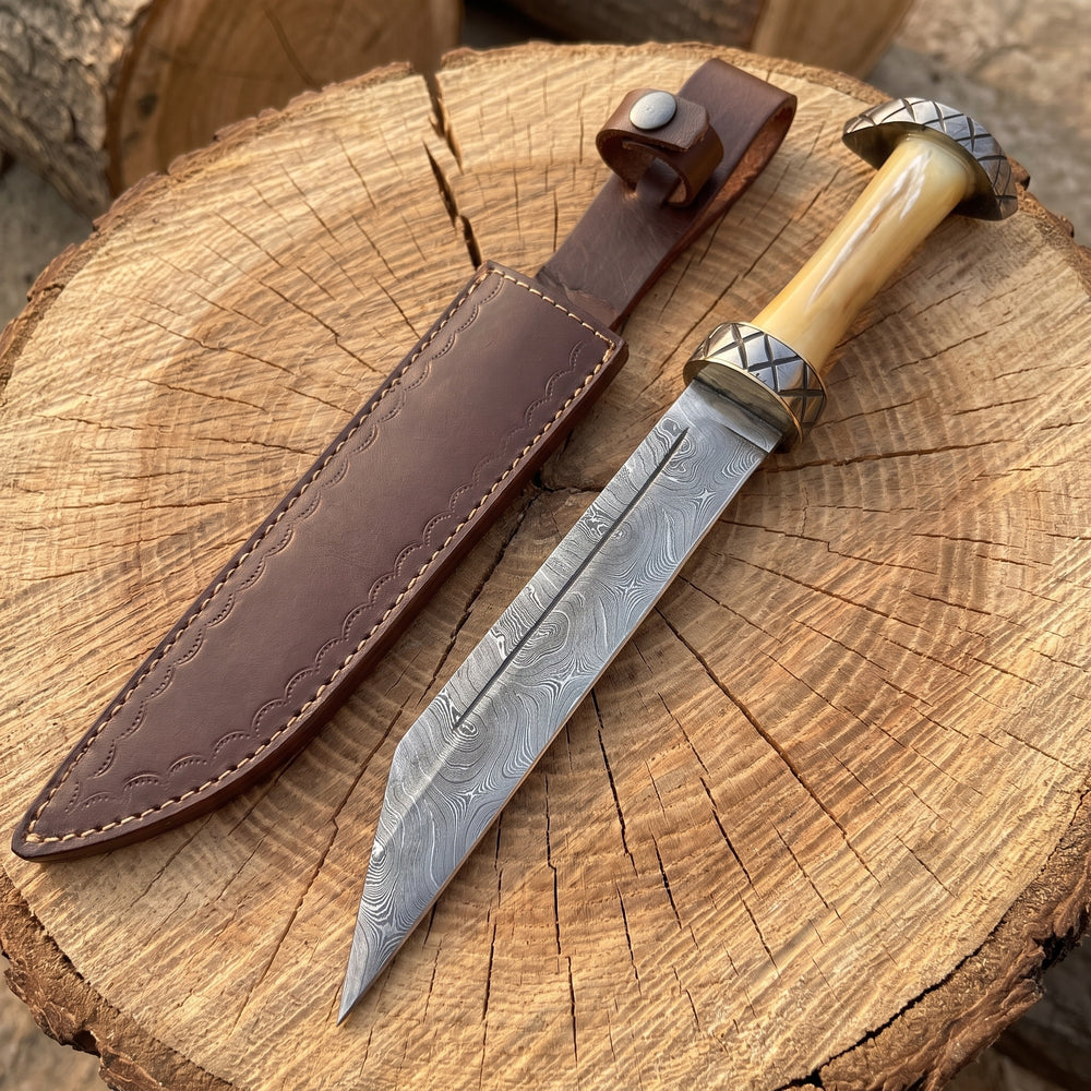Damascus Viking seax dagger with bone grip – view 3