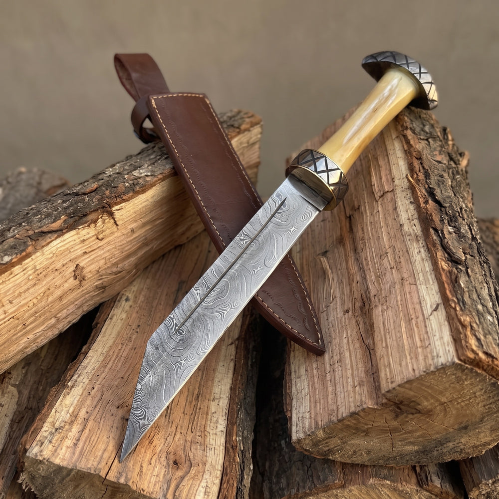 Damascus Viking seax dagger with bone grip – view 2