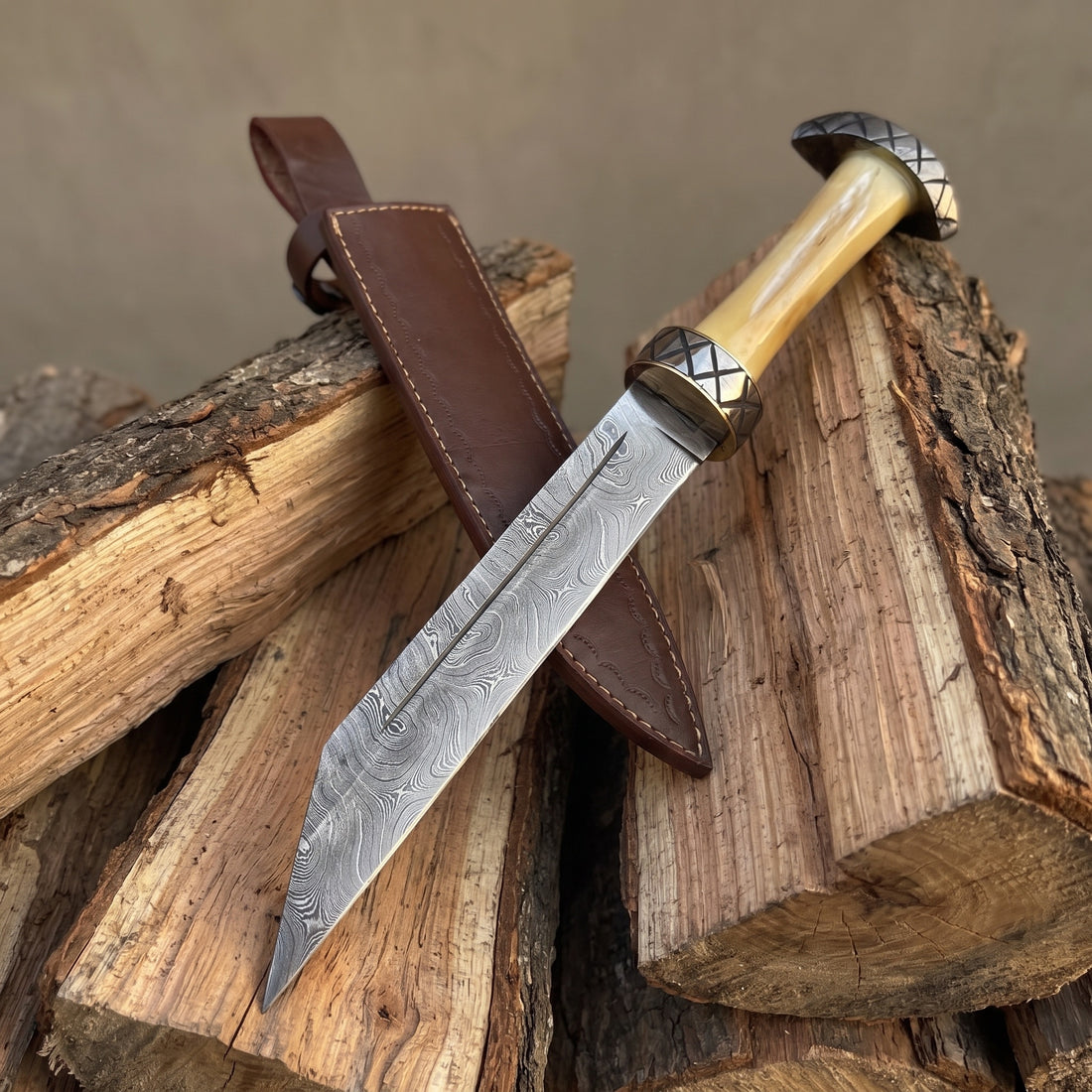 Damascus Viking seax dagger with bone grip – view 2