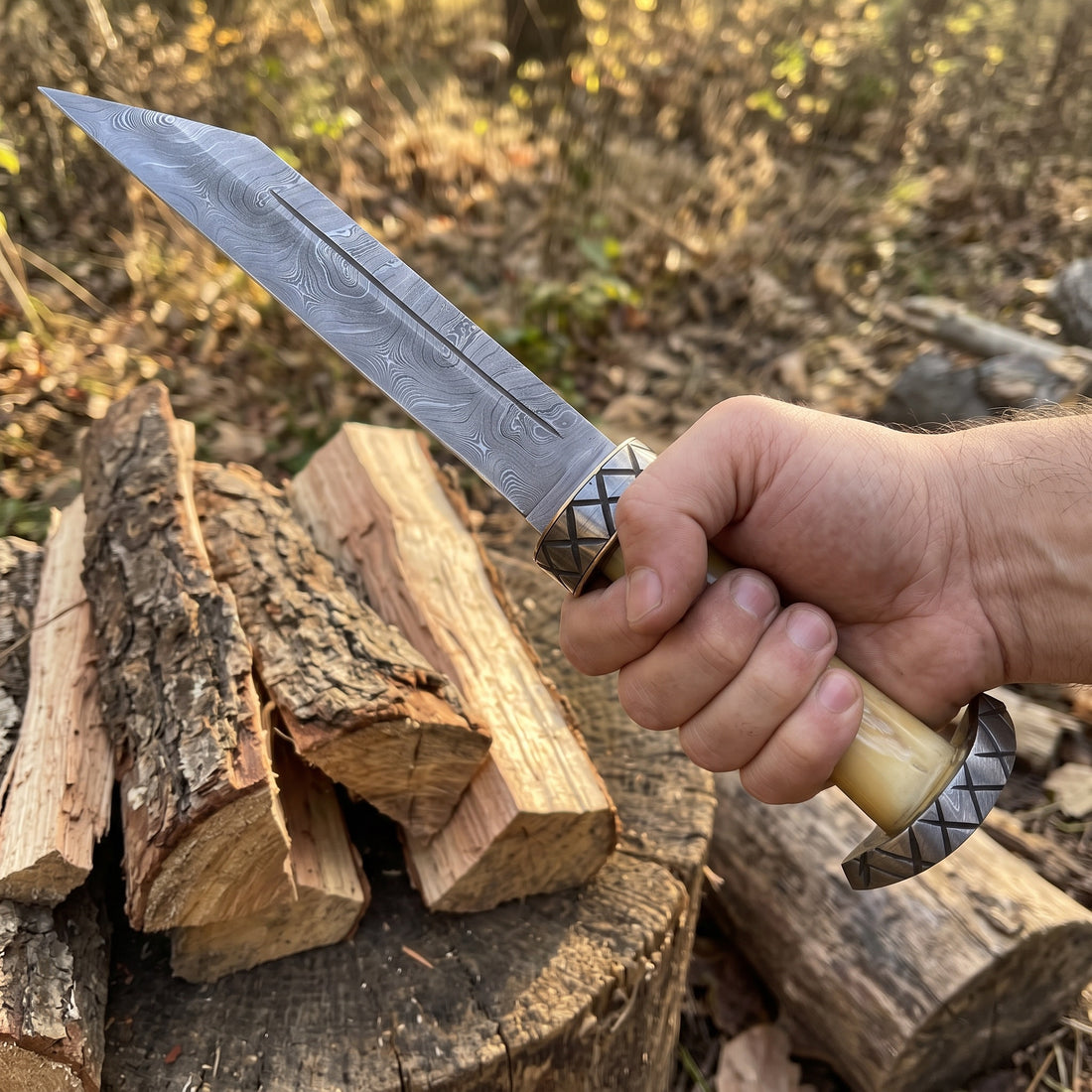 Damascus Viking seax dagger with bone grip – view 5