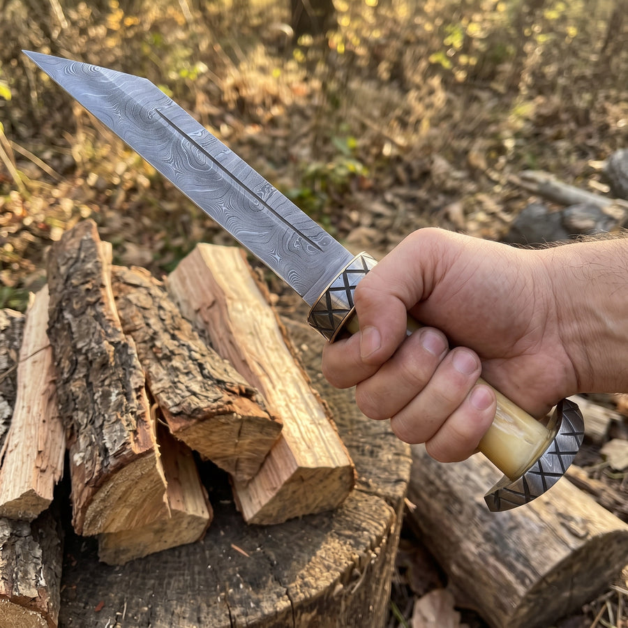 Damascus Viking seax dagger with bone grip – view 5