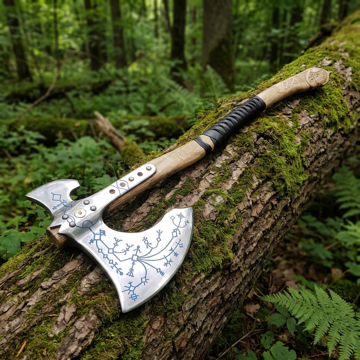 God of War inspired Kratos axe replica lying on a mossy fallen tree in a green forest