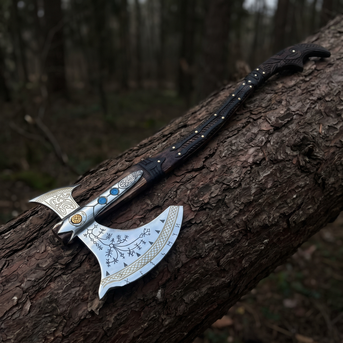 God of War inspired Leviathan axe replica lying on a fallen tree trunk in a forest clearing