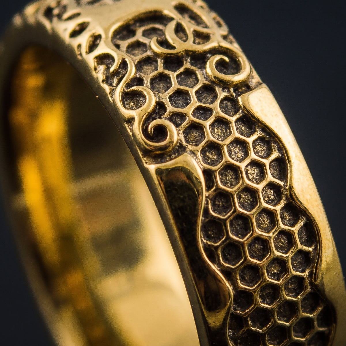 Macro of the gold honeycomb scale field and Urnes scrollwork panel