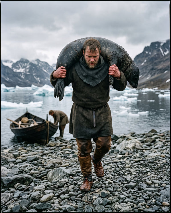 A Norse man in a wool tunic carrying a seal over his shoulders up a stony Greenland shore
