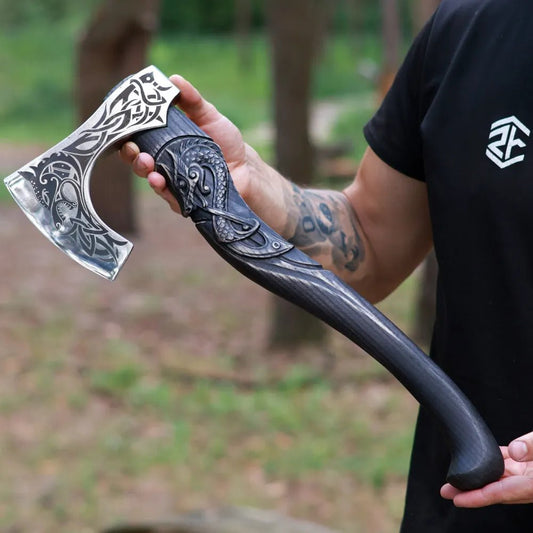 Hand-Forged Hardened Bearded Viking Axe “Fenrisulfr” with Carved Handle