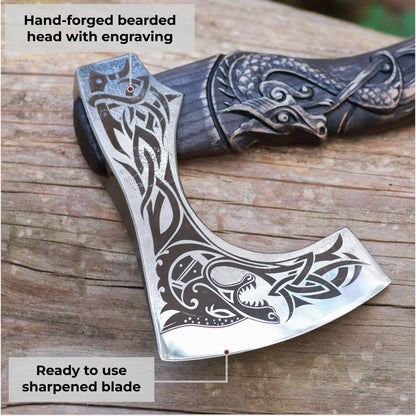 Hand-Forged Hardened Bearded Viking Axe “Fenrisulfr” with Carved Handle