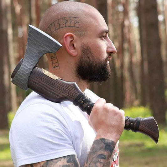 Handmade Viking Axe "Veles" With Leather Wrap On The Handle And Wooden Box