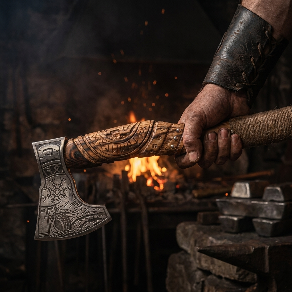 Hand-Forged Viking Axe held at the forge