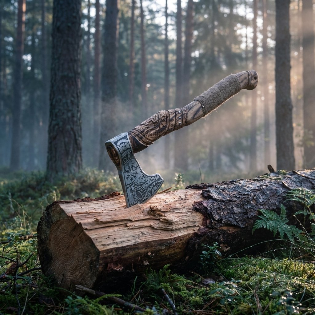 Hand-Forged Viking Axe in a Nordic forest