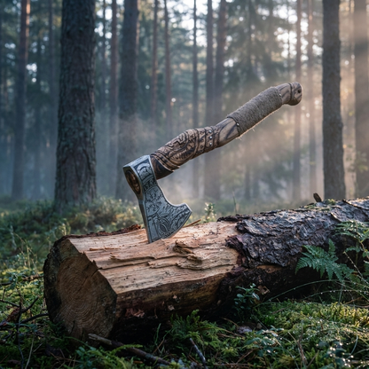 Hand-Forged Viking Axe in a Nordic forest