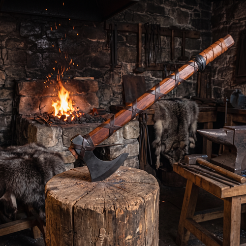 The Skeggøx Viking bearded axe embedded head-first in a wooden chopping block beside a stone forge
