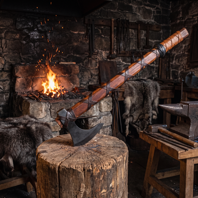 The Skeggøx Viking bearded axe embedded head-first in a wooden chopping block beside a stone forge