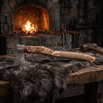 Decorated Viking axe resting flat on wolf fur beside a stone forge